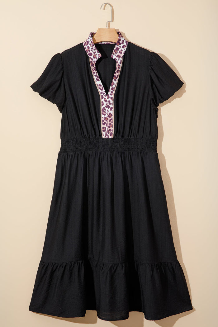 Plus Size Leopard Ruffle V-Neck Smocked Waist Dress