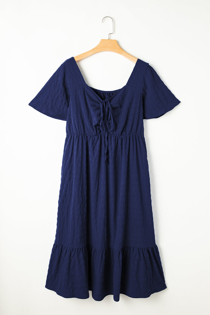 Plus Size Ruched Lace-Up Short Sleeve Midi Dress