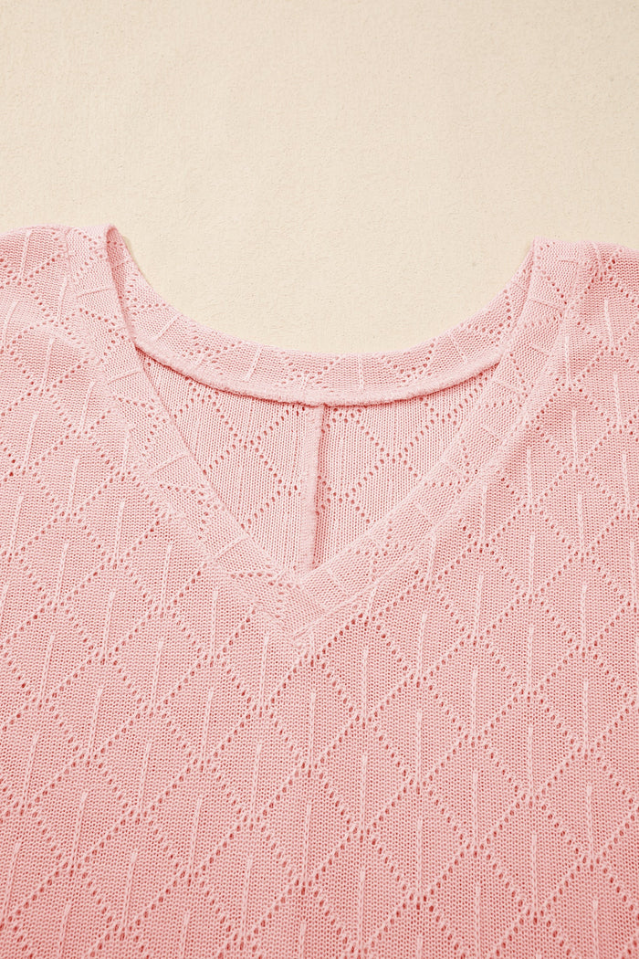 Plus Size Solid Pointelle Knit Rhombus V-Neck Top