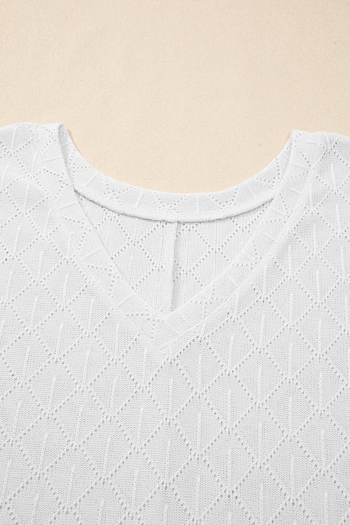 Plus Size Solid Pointelle Knit Rhombus V-Neck Top