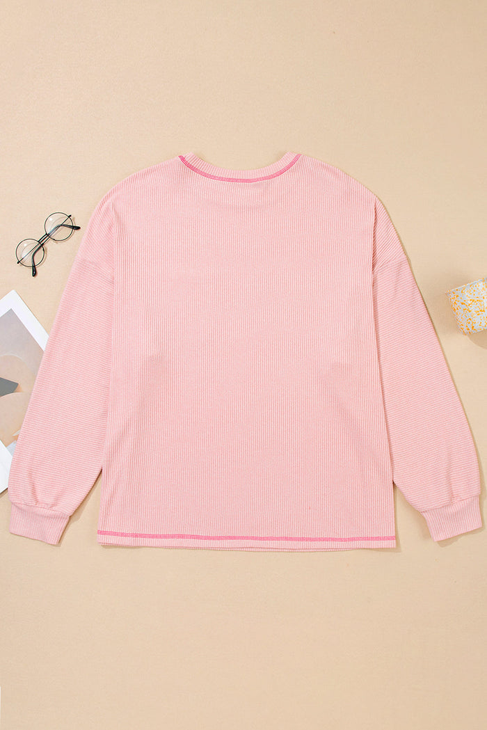 Plus Size Solid Ribbed Reverse Seam Chest Pocket Top