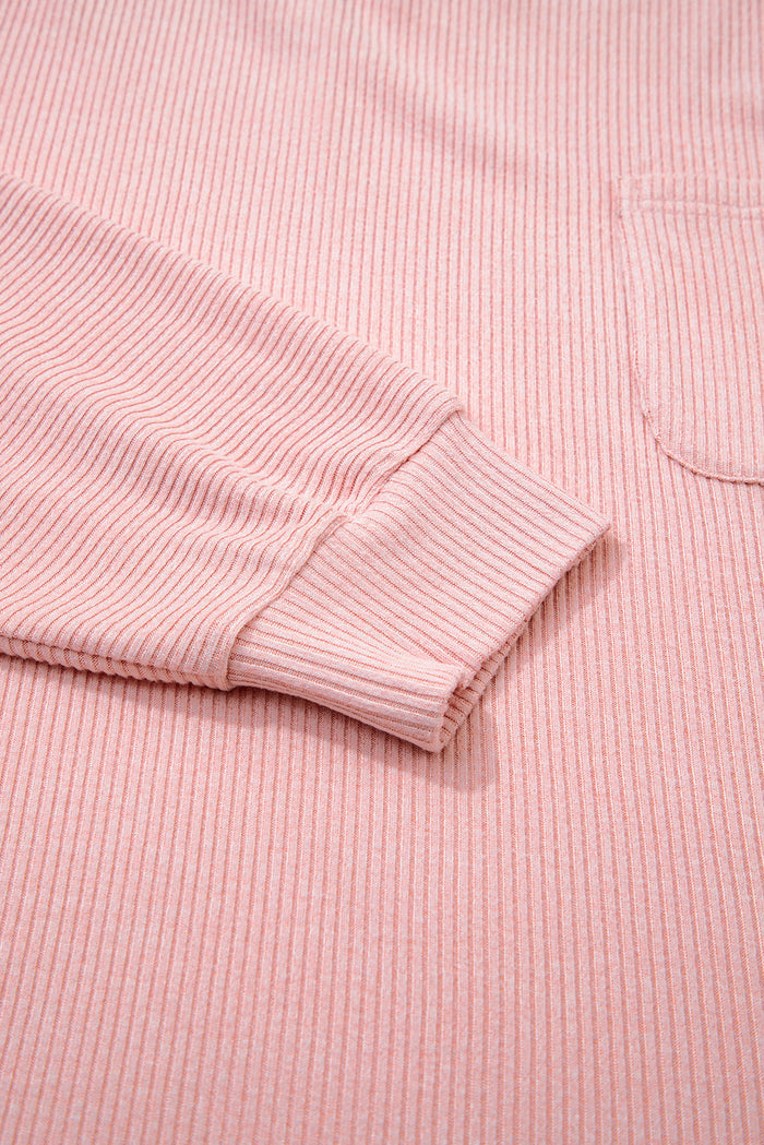 Plus Size Solid Ribbed Reverse Seam Chest Pocket Top