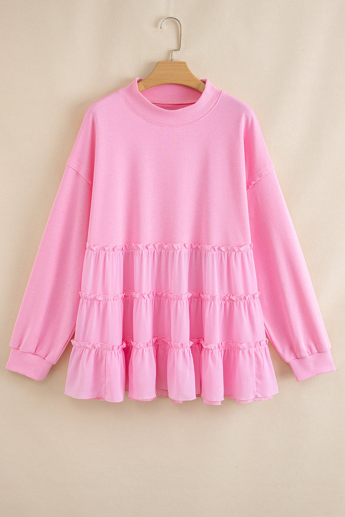 Plus Size Solid Ruffle Tiered Ribbed Crewneck Top