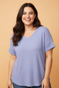 Plus Size Solid Waffle Knit V-Neck Short Sleeve Top