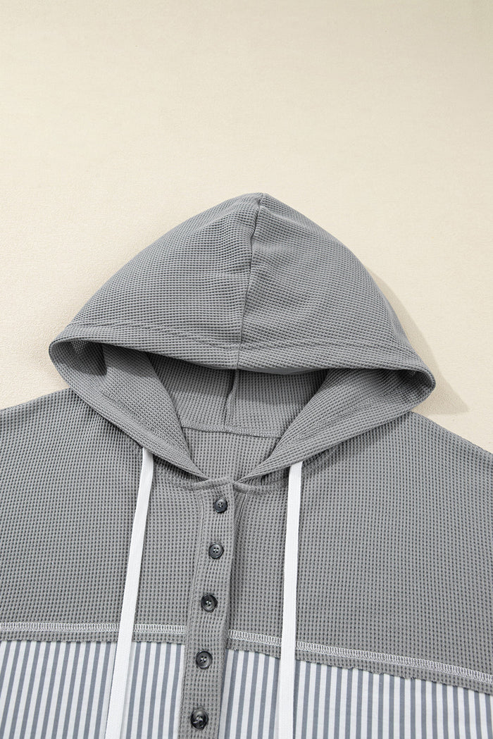 Plus Size Stripe Patchwork Waffle Half-Button Hooded Top