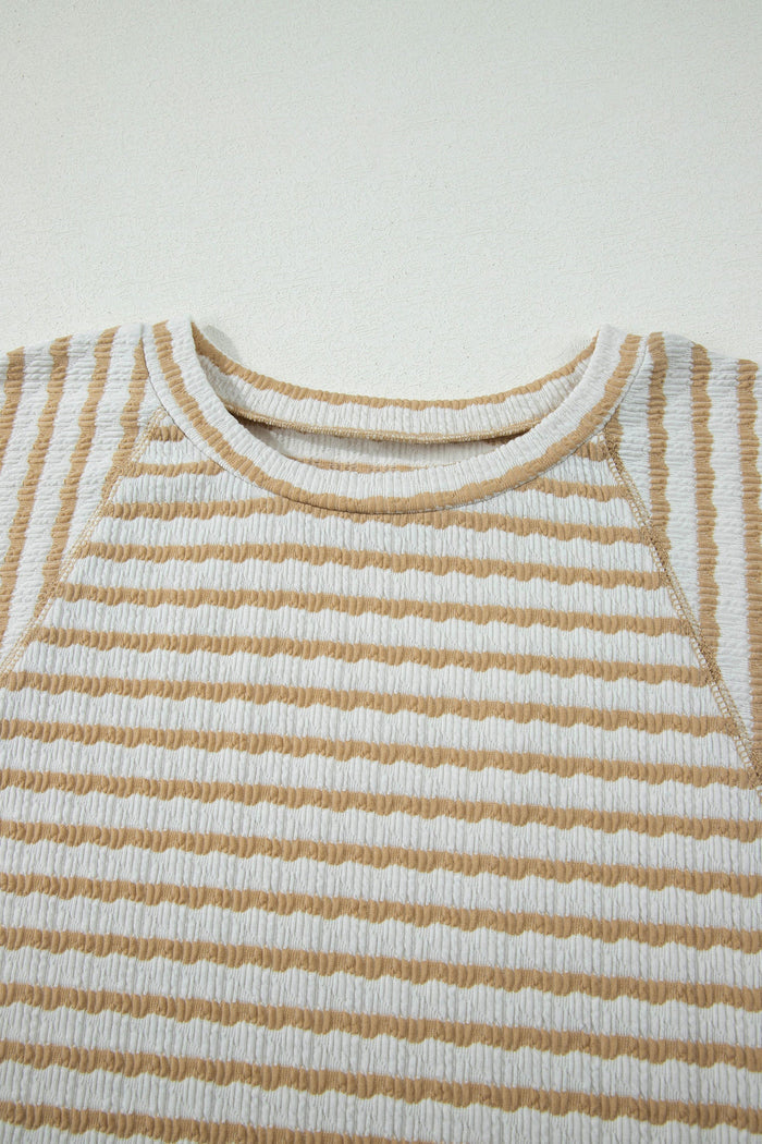 Plus Size Stripe Textured Patchwork 3/4 Sleeve Top