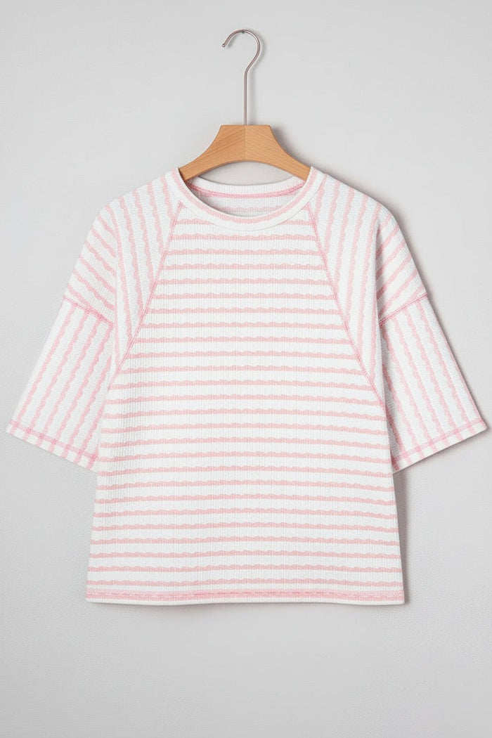 Plus Size Stripe Textured Patchwork 3/4 Sleeve Top