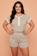 Plus Size Stripe Top & Elastic Waist Shorts Set
