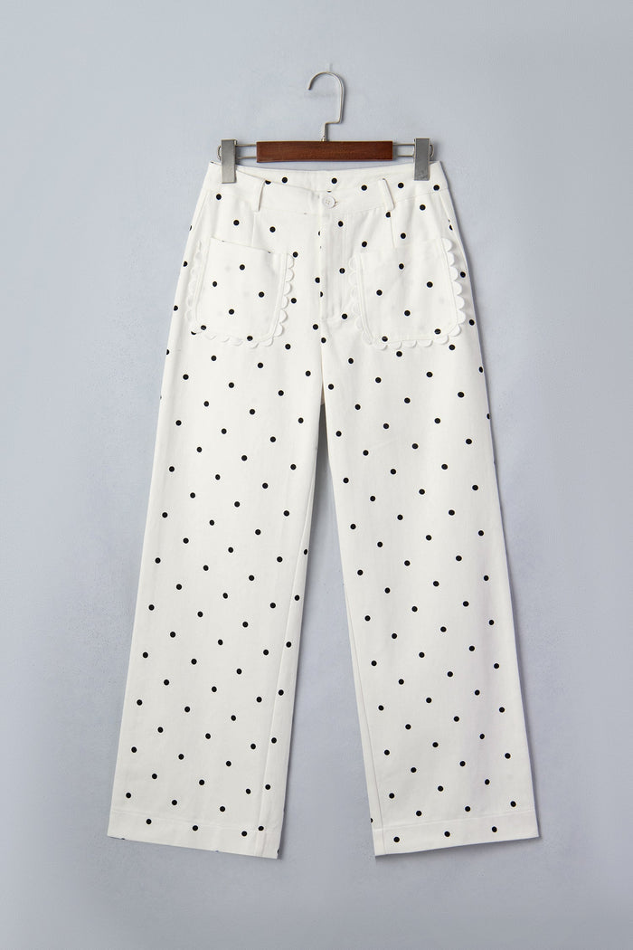Polka Dot Denim Scalloped Patch Pocket Pants