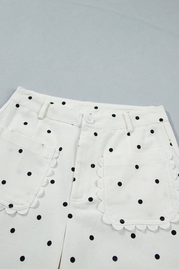 Polka Dot Denim Scalloped Patch Pocket Pants