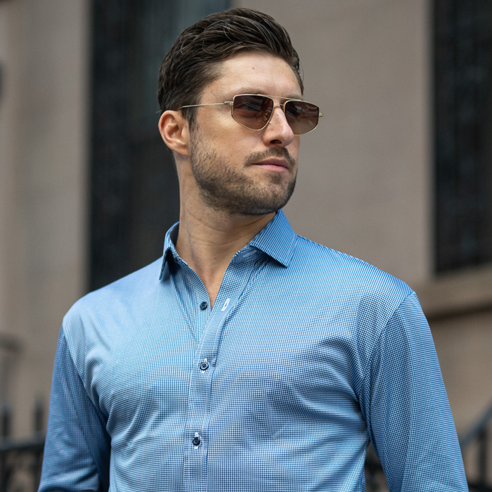 Quattro Flex Dress Shirt with Semi-Spread Collar Navy Houndstooth
