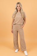 Ribbed Short Sleeve Top & Wide Leg Pants Set