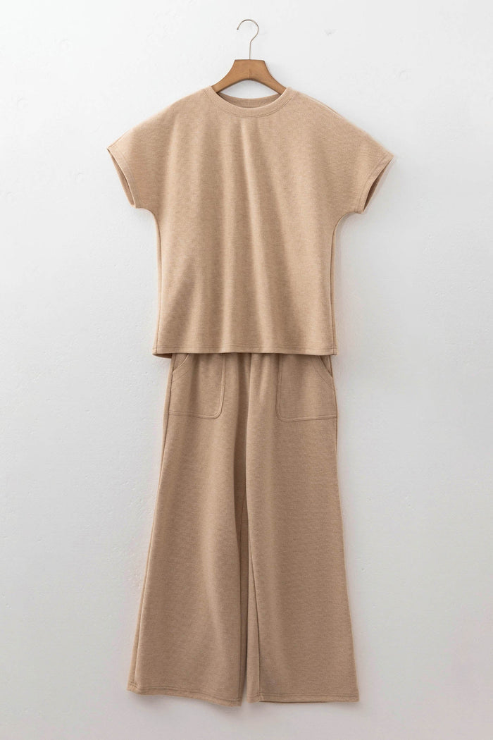 Ribbed Short Sleeve Top & Wide Leg Pants Set