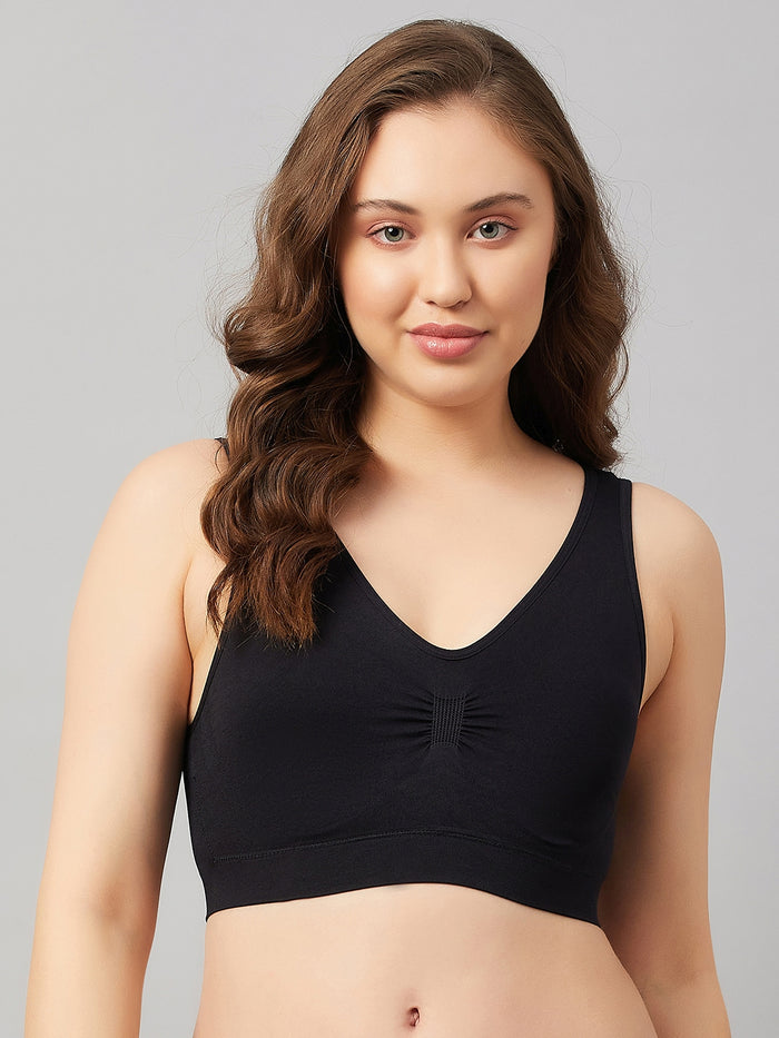 Seamless Solid Full Coverage Basic Bra with Removable Pads - Black