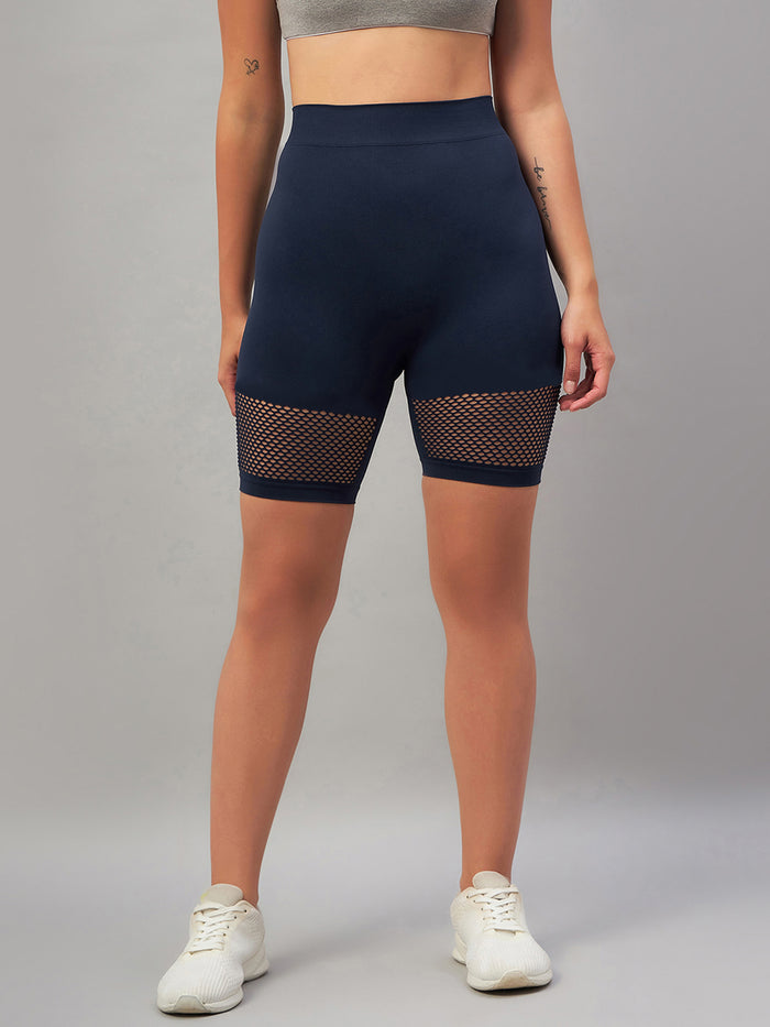 Seamless Women Navy Blue Short with Mesh Structure