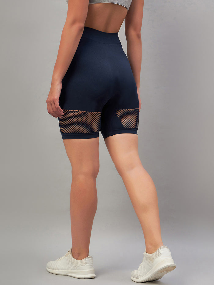 Seamless Women Navy Blue Short with Mesh Structure