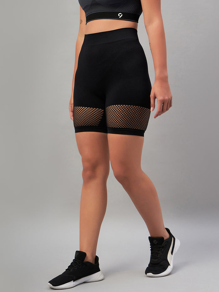 Seamless Women Navy Blue Short with Mesh Structure