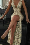 Sexy Long Mermaid V-neck Lace Prom Dress With Slit