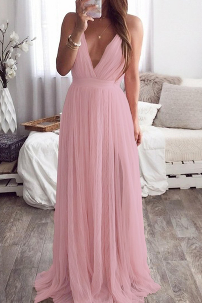 Sexy Solid Color Backless Mesh V Neck Evening Dresses