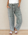 Shiloh Acid Wash Barrel Fit Denim Pants with Waist String - Gray