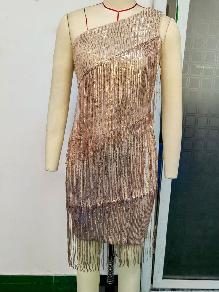 Shoulder Tassel Stitching Sequ Dress Evening Dress