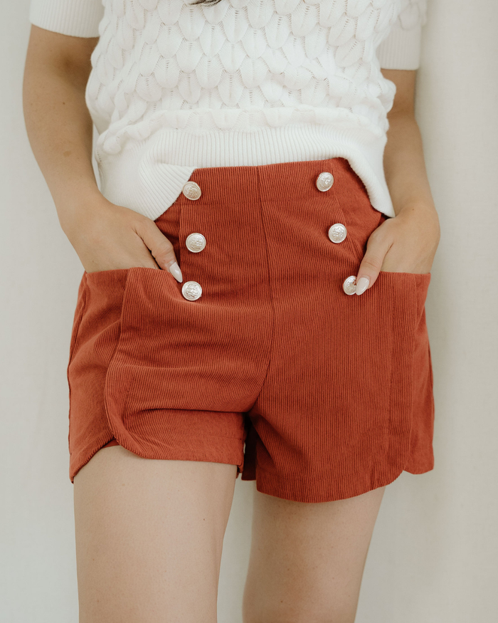 Sienna Button Decor Scalloped Edge High Waist Corduroy Shorts