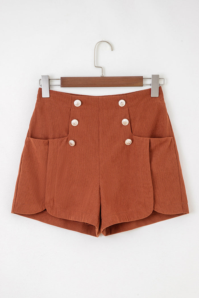 Sienna Button Decor Scalloped Edge High Waist Corduroy Shorts