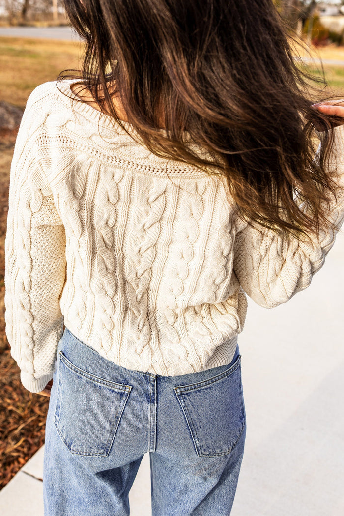 Solid Cable Knit Round Neck Long Sleeve Sweater