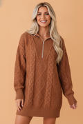 Solid Cable Knit Zip-Up Collar Long Sleeve Sweater Dress