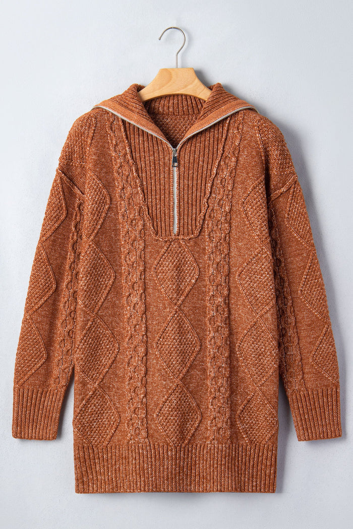 Solid Cable Knit Zip-Up Collar Long Sleeve Sweater Dress