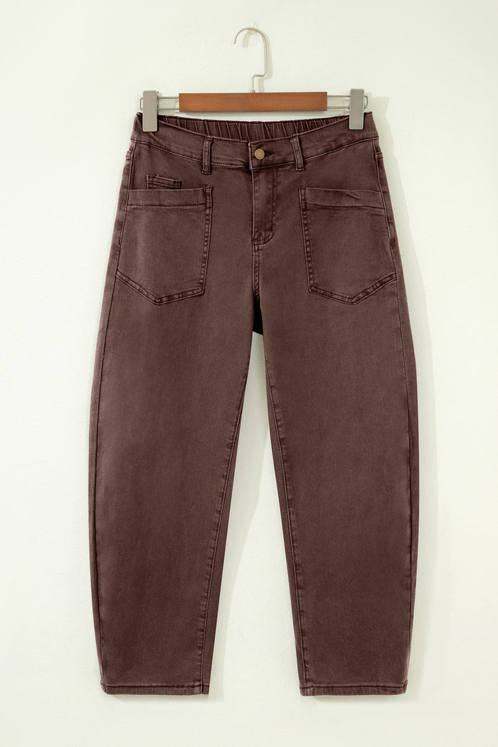 Solid Denim Patch Pocket Barrel Leg Jeans
