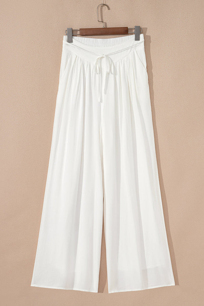 Solid Drop Waist Pleated Wide Leg Pants