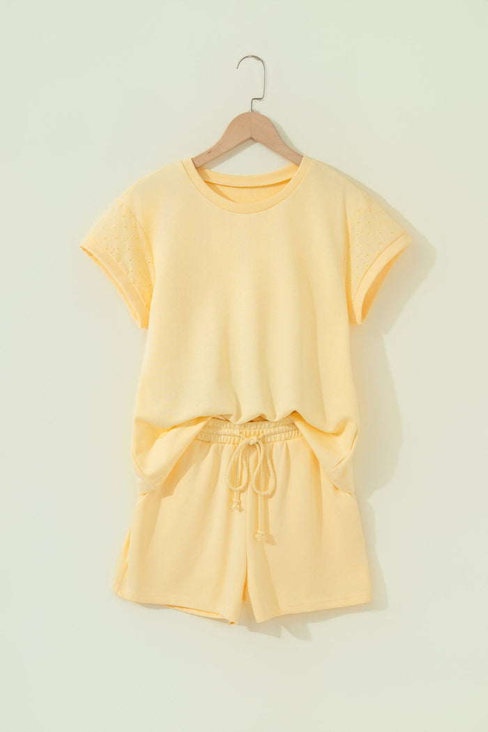 Solid Embroidered Eyelet Patchwork Top & Shorts Set