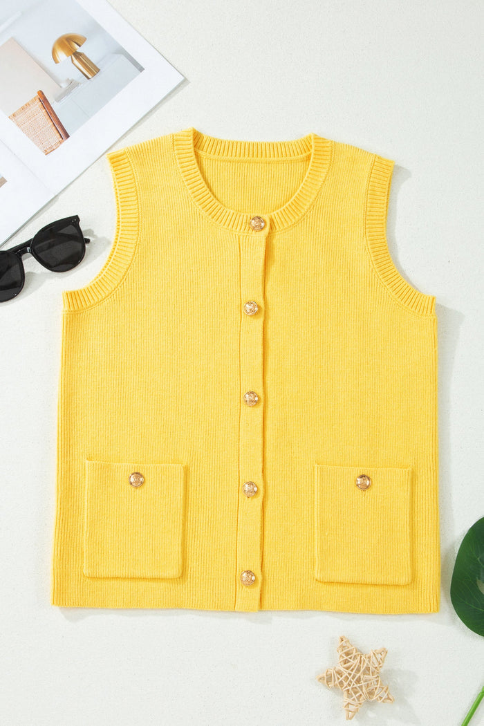 Solid Knit Sleeveless Button Front Pocketed Sweater