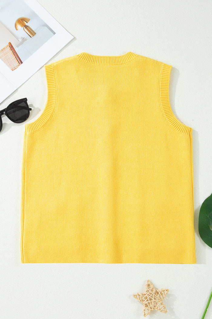 Solid Knit Sleeveless Button Front Pocketed Sweater
