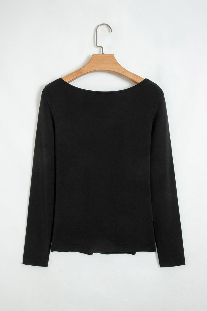 Solid Lace Trim V-Neck Long Sleeve Top