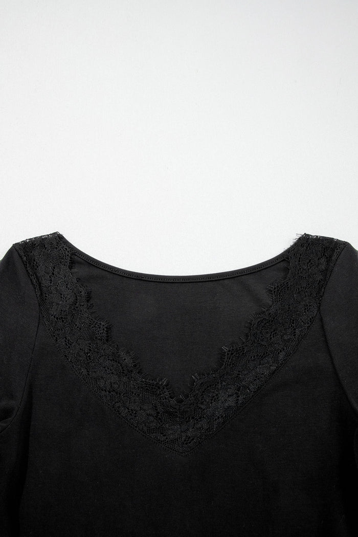 Solid Lace Trim V-Neck Long Sleeve Top