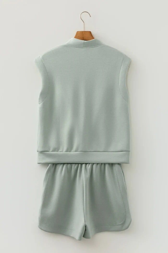 Solid Quarter Zip Sleeveless Top & Shorts Set