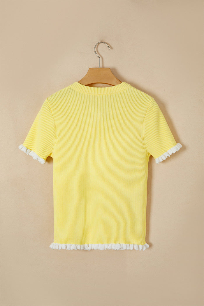 Solid Ribbed Frilled Short Sleeve Sweater Cardigan
