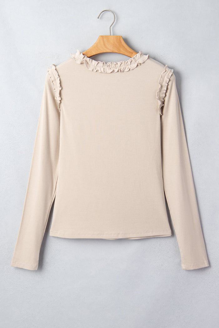 Solid Ribbed Knit Frilled Long Sleeve Top