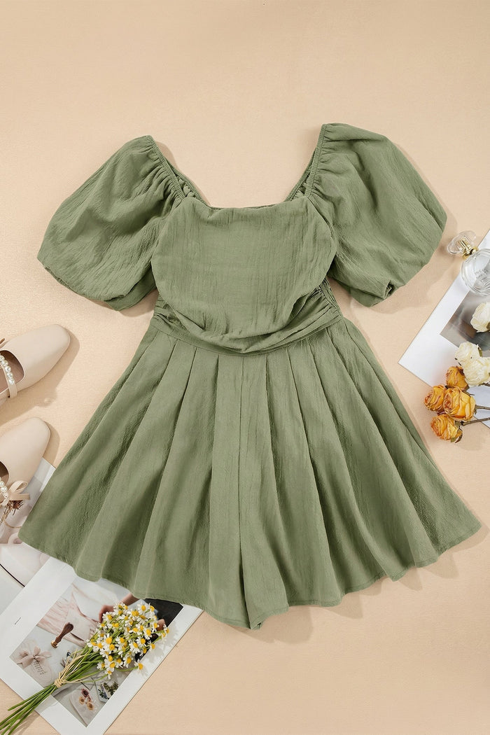 Solid Square Neck Ruched Puff Sleeve Romper