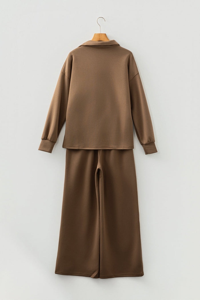 Solid V-Neck Top & High Waist Pants Set