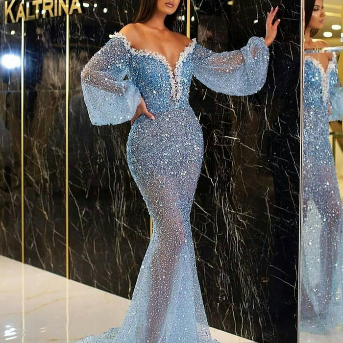 Spring Summer Women Clothing Casual Dress Elegant Gold V neck See through Fishtail Evening Dress