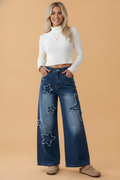 Star Patchwork Distressed Denim Wide Leg Jeans