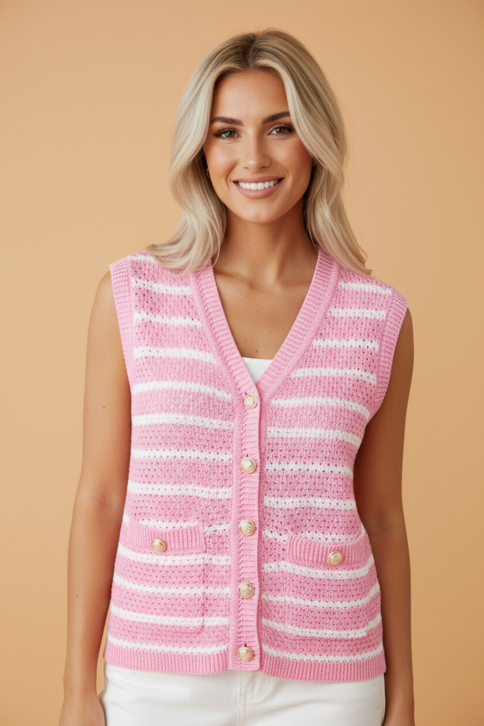Stripe Buttoned V-Neck Sweater Knit Top