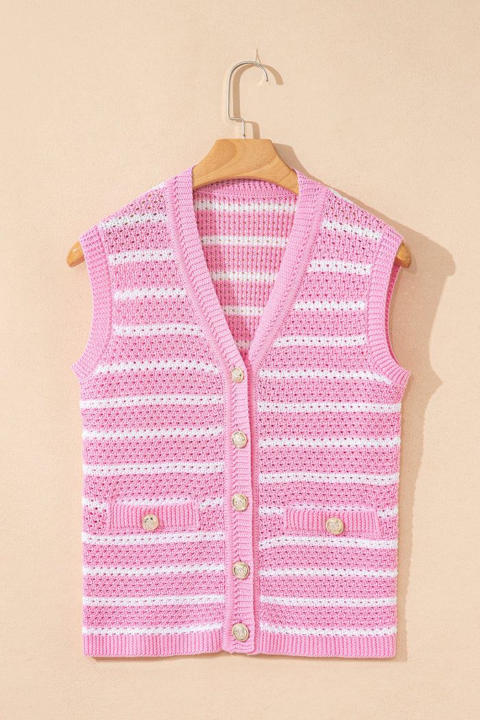 Stripe Buttoned V-Neck Sweater Knit Top