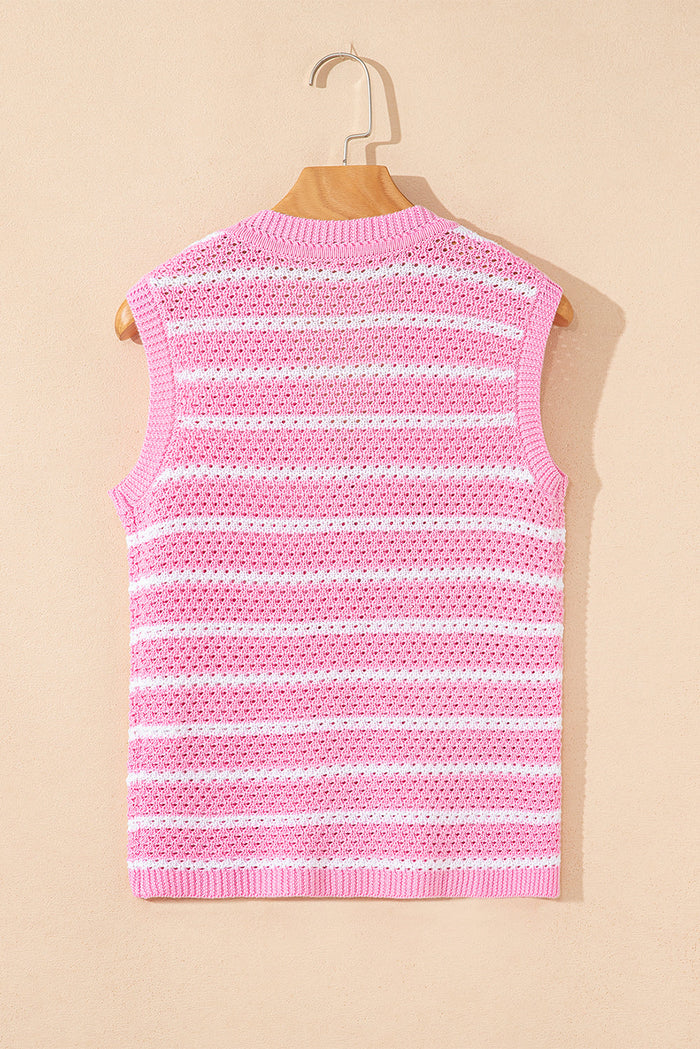 Stripe Buttoned V-Neck Sweater Knit Top