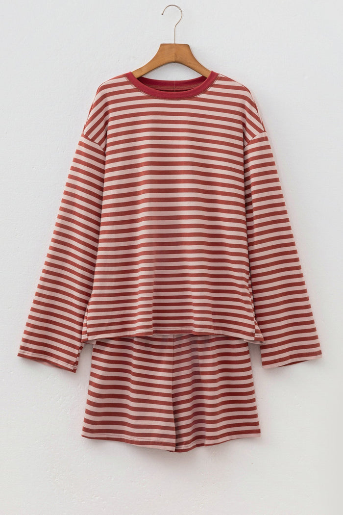 Stripe Contrast Long Sleeve Top & Elastic Waistband Short Set