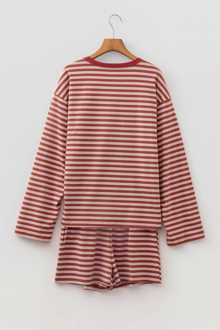 Stripe Contrast Long Sleeve Top & Elastic Waistband Short Set