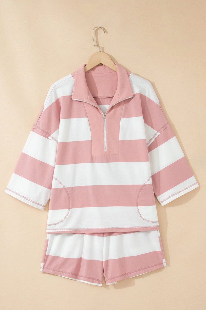 Stripe Half Zip 3/4 Sleeve Top & Shorts Set